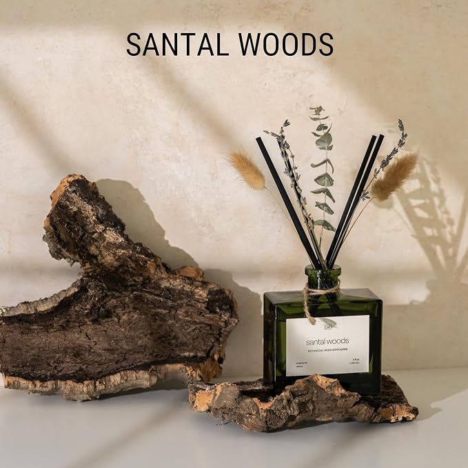 Craft & Kin Premium Santal Woods Reed Diffuser with Dried Flowers – 5 oz Essential Oil Diffuser for Home & Bathroom – Long-Lasting Fragrance Diffuser Sticks – Room Decor Air Freshener