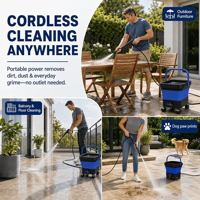 Portable Cordless Washer with 3.4Gal Tank, 580PSI, 7-Level Adjustable Sprayer, 360° Rotating Nozzle, 23FT Hose, 20000mAh Battery, Foldable Design with Wheels for Car, Camping, Garden (Blue)