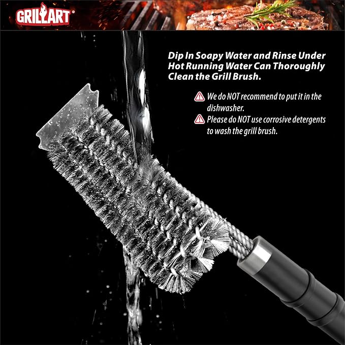 GRILLART Grill Brush and Scraper with Deluxe Handle, Safe Wire Grill Brush BBQ Cleaning Brush Grill Grate Cleaner for Grill/Smoker/Gas/Charcoal Grill Cleaning-Grill Gifts for Men/Dad, BR-8529