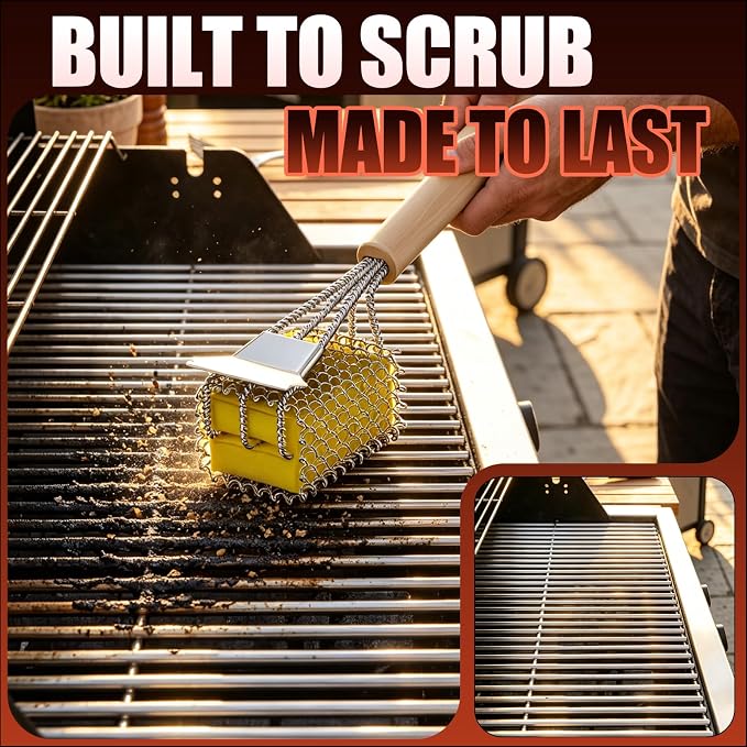HOUSE AGAIN Bristle-Free Grill Brush with Scraper - Safe Steam Clean BBQ Brush with 18" Heat-Resistant Handle, 304 Stainless Locked-Core Mesh Head & HD Scraper | Grill Grate Cleaner Tool