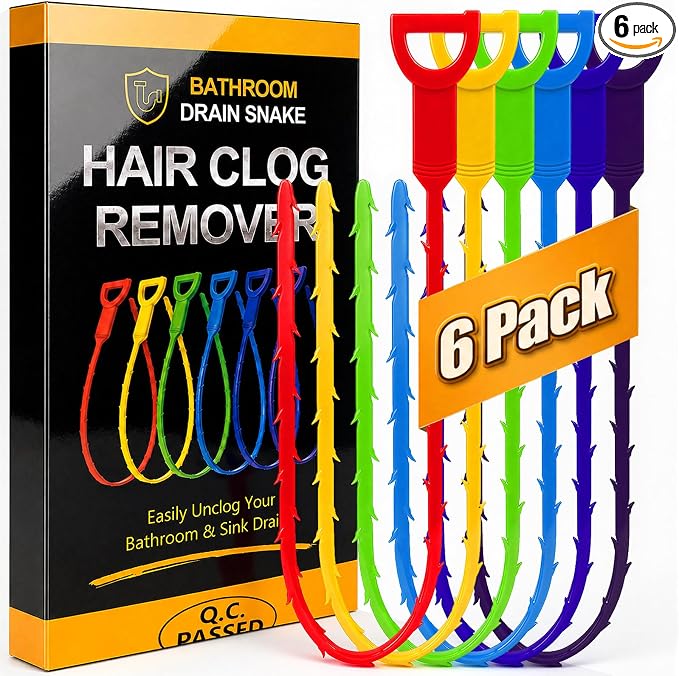 Drain Clog Remover for Slow Drains in Bathroom Sink, Shower and Tub | 6 Pack Flexible Drain Snakes Quickly Remove Hair Clogs and Restore Water Flow in Minutes