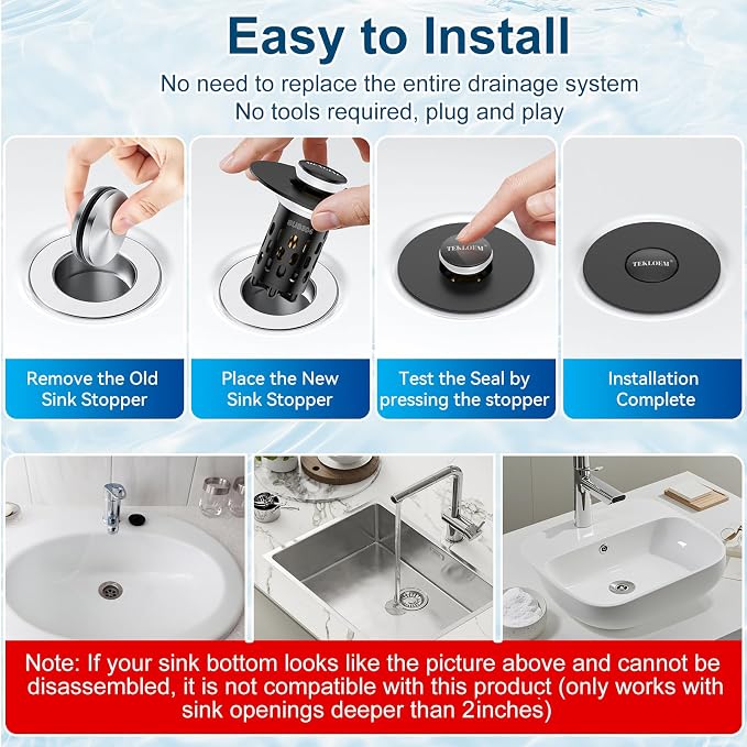 Bathroom Sink Drain Strainer,All Metal Pop-Up Sink Stopper with Removable Stainless Steel Filter Basket, Universal Bathroom Hair Catcher Fit for 1.1-2.36'' Drain (Black, 1 Pack)