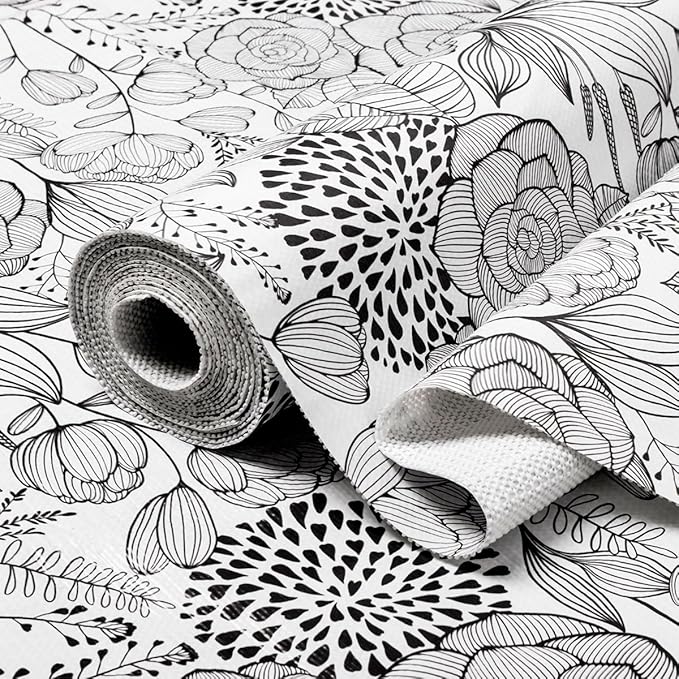 Floral Drawer and Shelf Liner for Kitchen 16IN x 20FT, Non-Adhesive and Strong Non-Slip Cabinet Drawer Liners, Waterproof Thickened Shelf Liner,Easy to Clean,Black and White