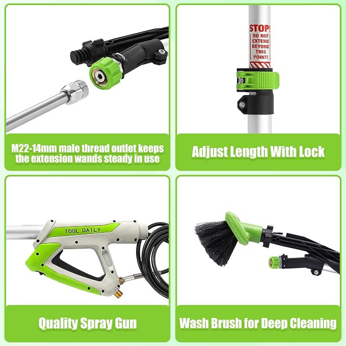 Tool Daily 21FT Telescoping Pressure Washer Wand with Brush, Extension Wand | Aluminum Telescopic Gutter Cleaner with 3 Curved Rods, 5 Sprayer Nozzle Tips and Adjustable Belt, 4000 PSI