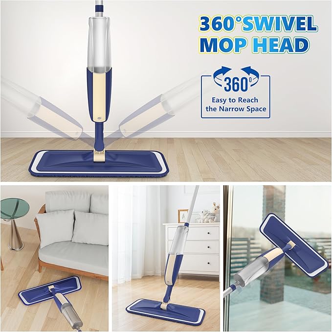 Spray Wet Mops for Floor Cleaning: Floor Mop Refillable with 2 Bottles | Microfiber Flat Mop, 4 Washable Pads for Swiffer PowerMop, Commercial Mop Lightweight, for Hardwood Wood Tile Laminate Vinyl