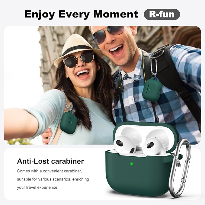 R-fun Compatible with AirPods 3 Case Cover, Silicone Protective Accessories Skin with Keychain Compatible with Apple AirPod 3rd Generation 2021 for Women Men Girls Boys,Front LED Visible,Forest Green