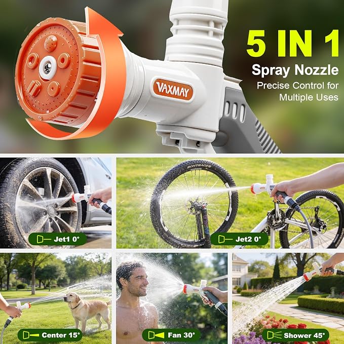 VAXMAY Portable Cordless Pressure Washer with 3.2 Gal Tank, Foldable Power Washer with 250PSI, 1.35GPM, 5 in 1 Nozzle, 3 Modes, 3H Runtime,16.4FT Hose, Portable Spray Washer for Car, Camping, Garden