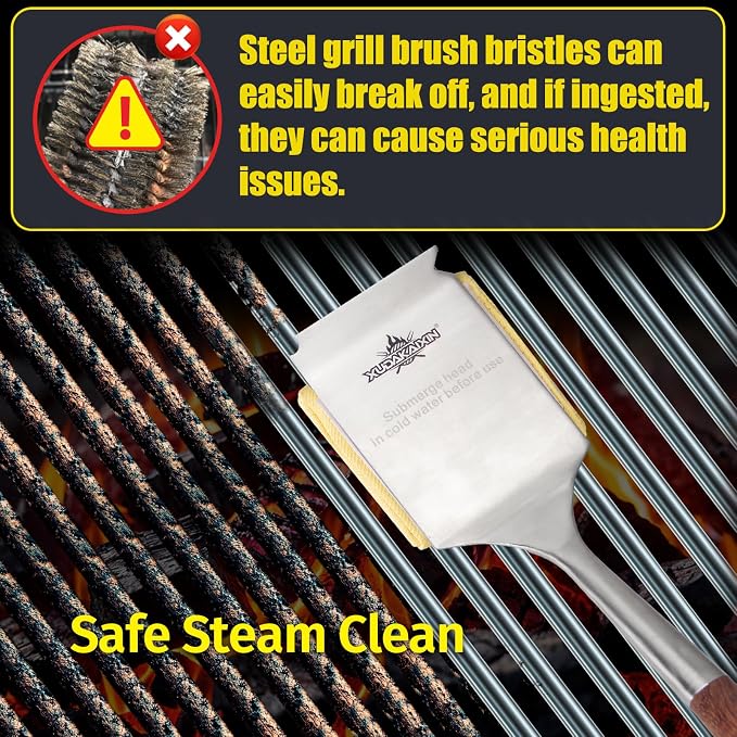 Bristle-Free Steam Cleaning Grill Brush — Features an Extended Luxurious Rosewood Handle and a Unique Wavy pad that Seamlessly fits cast Iron and Stainless Steel grates