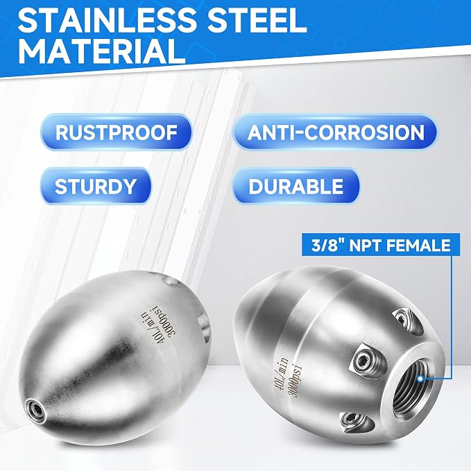 Tool Daily 3/8" NPT Sewer Jetter Nozzle for Pressure Washer, 40 L/Min | Stainless Steel Sewer Jet Nozzle for Drain Cleaning, 3000 PSI