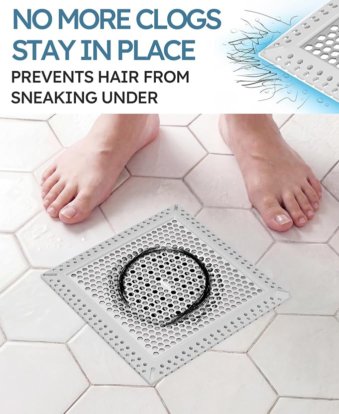 Square Shower Drain Hair Catcher, Flat Shower Drain Hair Catcher, Anti-Clogging Fast Drainage, Anti-Slip & Stays in Place, Easy Clean Fits Bathroom Hair Catcher for Shower (Gray, 6 inch)