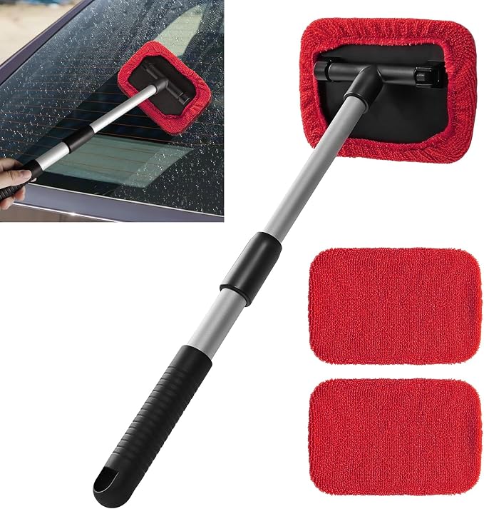 Windshield Cleaning Tool, Car Window Cleaner, Vehicle Window Cleaner with Extendable Handle & 2 Washable Microfiber Pads, Car Interior Glass Wiper Cleaning Kit for Most Vehicles (Red)
