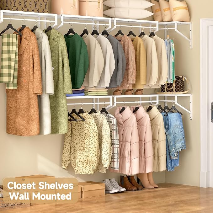 ThreeHio Expandable Closet Shelves Wall Mounted, 3 Pack Closet Shelving with Hanging Rods, Wall Shelving for Walk-in Closet, Hanging Shelves Organizer and Storage for Closet, Laundry