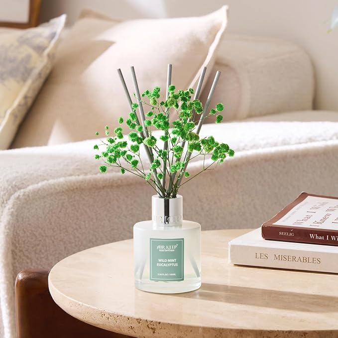 Reed Diffuser Set,3.38 fl oz (100 ml) - Wild Mint&Eucalyptus Oil Diffusers with 8 Reed Sticks, Home Fragrance Reed Diffuser for Bathroom Shelf Decor