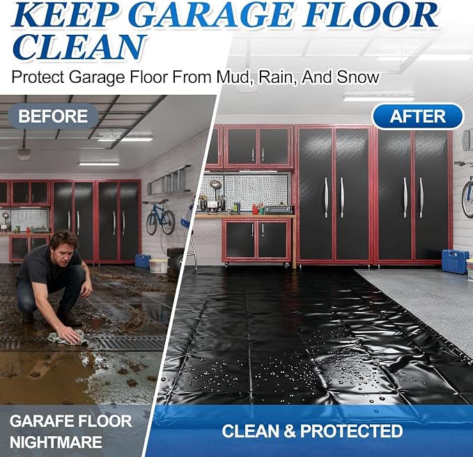 Garage Floor Mat(7'9"x18'), PVC Containment Mat with Rubber Wiper | Non-Slip, with a Rubber Wiper and Stay Put Corners, Waterproof Protection from Snow, Rain and Mud for Cars, SUV, Trucks