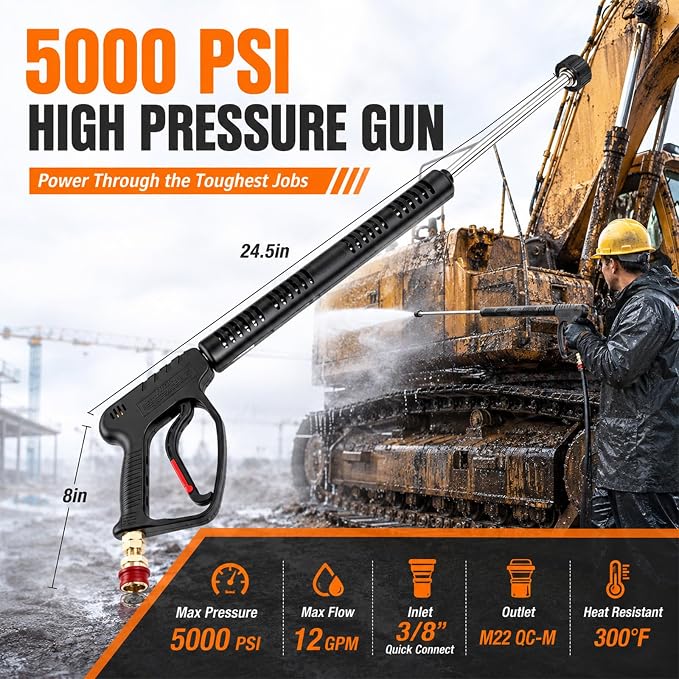 Duraaamo 5000 Psi Hot Water Pressure Washer Gun (up to 300°f) with Vented Lance, 15 Gpm High Pressure Spray Gun, 3/8" Inlet, M22 Outlet, Stainless Steel Lance for Industrial Cleaning