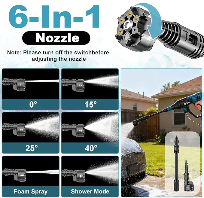 Cordless Portable Washer, Brushless Motor, 4 Speed Modes, 6-in-1 Swivel Nozzle, 2 x 4.0 Ah Batteries, 5 m Hose, Lightweight Handheld Car Washer for Home, Garden