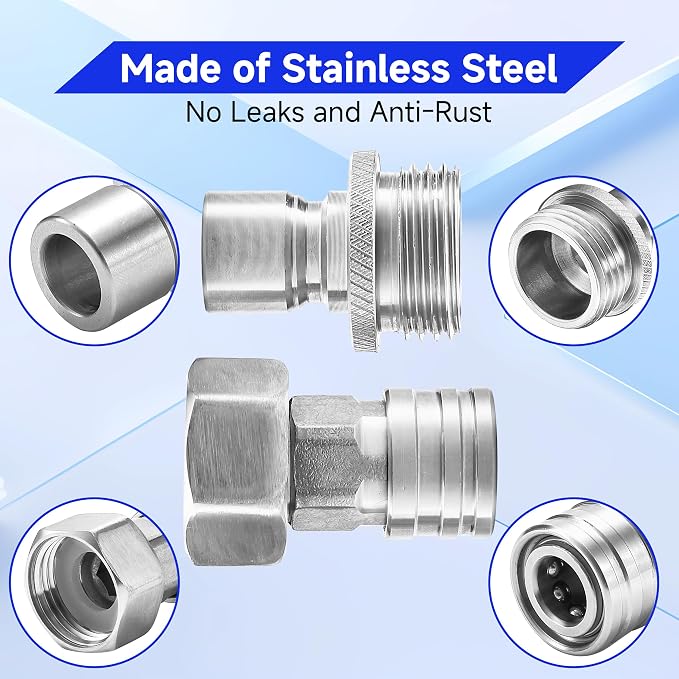 Tool Daily Garden Hose to Pressure Washer Adapter, 3/4” GHT Female to 1/4” Quick Connect, 3/4” GHT Male to 1/2” Quick Plug, Stainless Steel, 2 Pcs