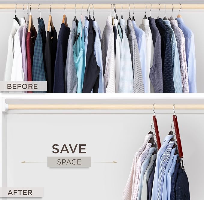 MORALVE Space Saving Hangers for Closet – 4 Pack European Beechwood 6-Tier Shirt Organizer with 360° Swivel Hook – Collapsible Clothes Hanger for Closet Organization (Hangers Not Included)