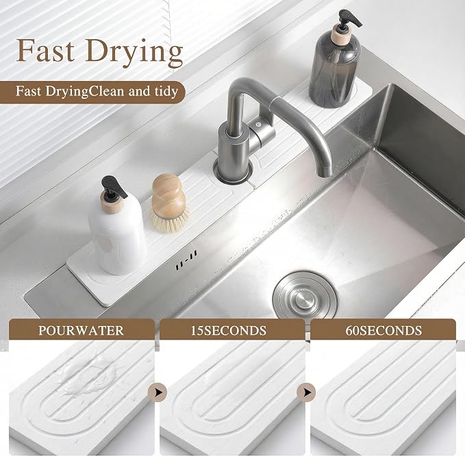 Faucet Mat for Kitchen Sink -Diatomite Stone Drying Mat for Kitchen Counter & Bathroom Sink,Quick-Dry Kitchen Sink Mat-Sink Protector & Splash Guard,Super Absorbent (White, 23.6" x 4")