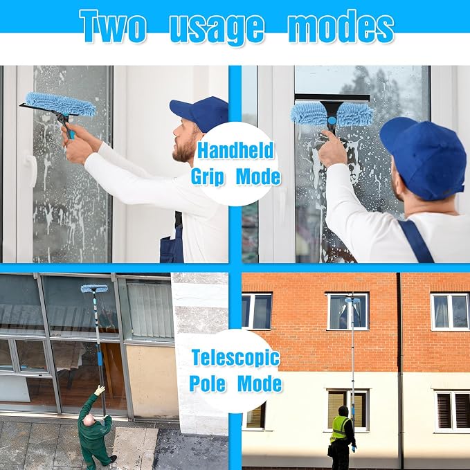 16FT Reach Window Squeegee Kit with Extension Pole, 2-in-1 Professional Washer for High Windows, 3-12FT Adjustable Reach, Rotatable Head for Indoor & Outdoor Use, Streak-Free Cleaning Tool for Home