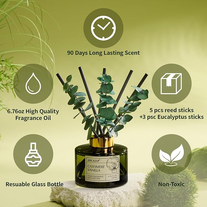 Reed Diffuser Set with 6.76 fl oz Cashmere Vanilla Scent Essential Oils and 3 Leaves & 8 Diffuser Sticks,Bathroom Shelf Decor & Air Freshener, House Bedroom Office Decor & Gifts