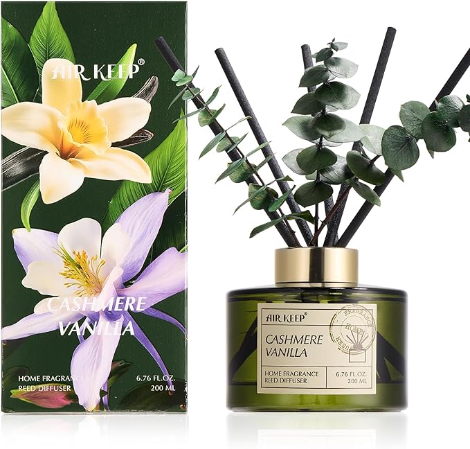 Reed Diffuser Set with 6.76 fl oz Cashmere Vanilla Scent Essential Oils and 3 Leaves & 8 Diffuser Sticks,Bathroom Shelf Decor & Air Freshener, House Bedroom Office Decor & Gifts