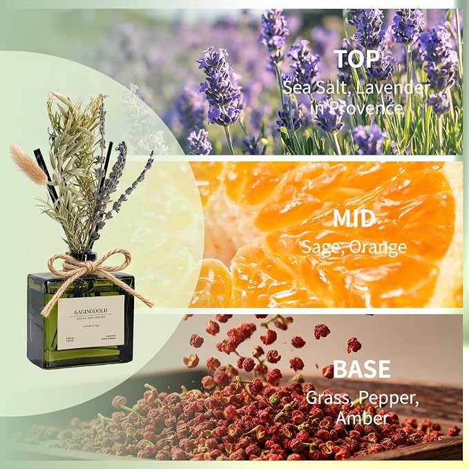 Reed Diffuser, 6.1 oz Lavender & Sage Scent Diffuser with Sticks & Dried Flowers, 120 Days Long Lasting diffusers for Home, Elegant Fragrance for Bathroom Bedroom Office Decor Air Fresh