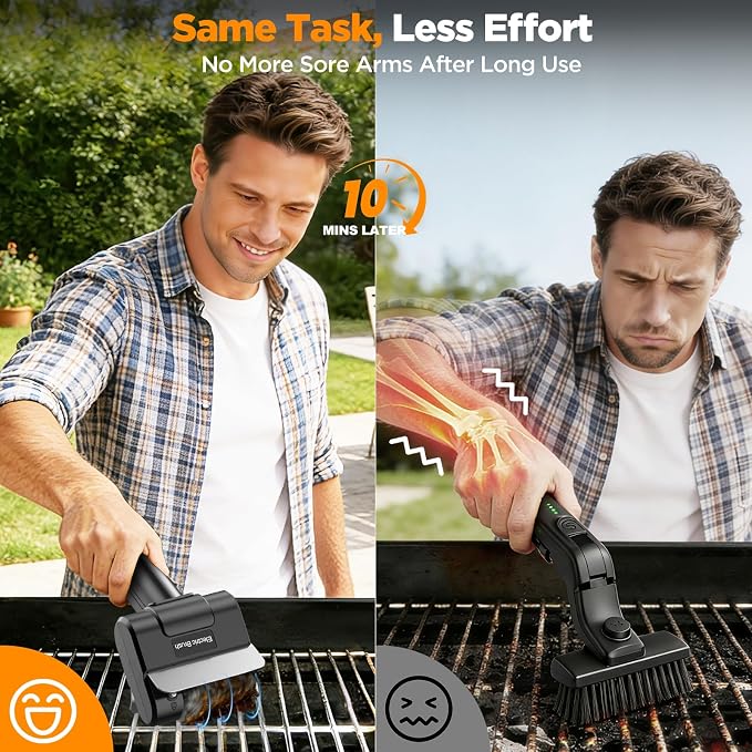 Electric Grill Brush with Dual Safety Lock, Ideal Gift for Men Dad Husband | Professional BBQ Cleaner with Submersible 304 SS Head, Splash-Proof Scrubber for Outdoor Grill (Orange Button)