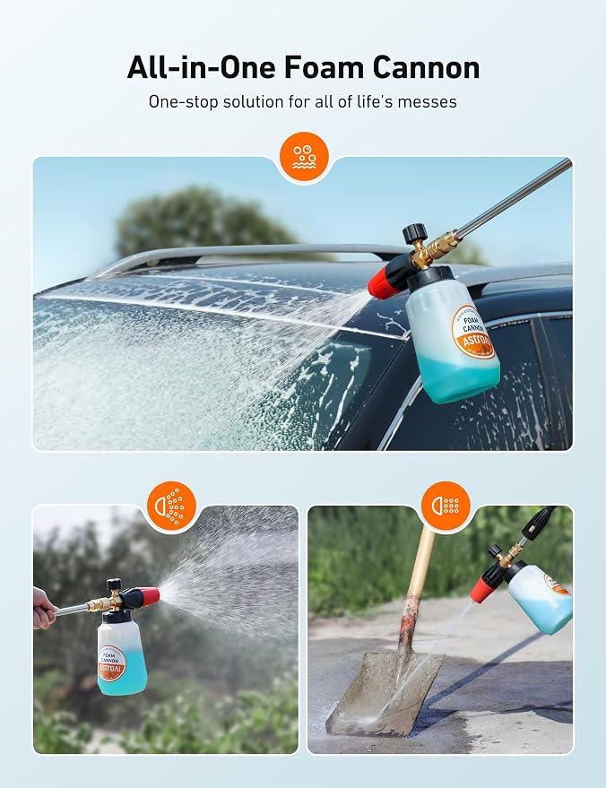 AstroAI Foam Cannon, Heavy Duty Durable Car Wash Foam Sprayer for Pressure Washer with 1/4" Quick Connector, Wide Neck Adjustable Snow Foam Lance and Thick Foam, Easy Install for Versatile, 1L Bottle