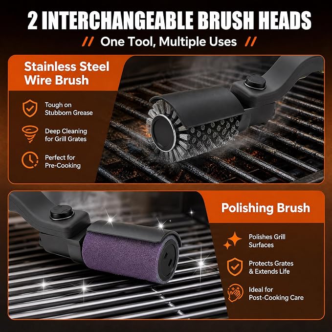 Upgraded Electric Grill Brush, Cordless Rechargeable Grill Cleaning Brush with Adjustable Angle, Stainless Steel Brush Head, 3-Speed Power, 90-Min Runtime, Waterproof Cleaner for BBQ Grates (Black)