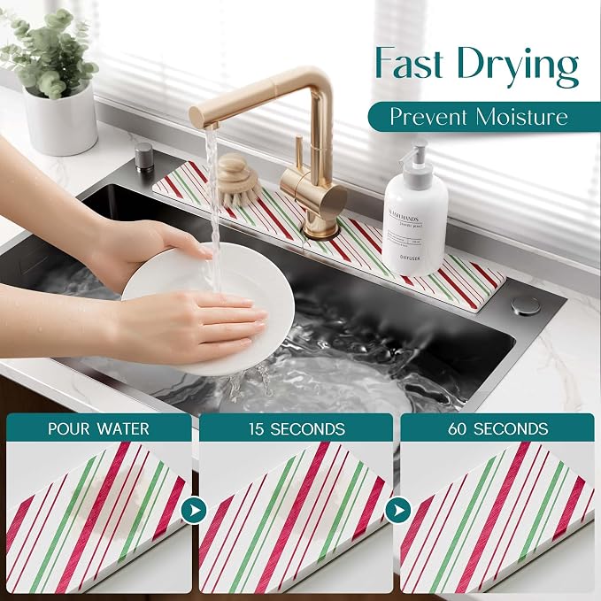 Stone Faucet Mat for Kitchen Sink, Diatomite Drying Stone Mat for Kitchen Counter, Prevent Moisture – Sink Splash Guard for Holiday Gift Home Decor (Red/Green, 23.6" x 3.9")