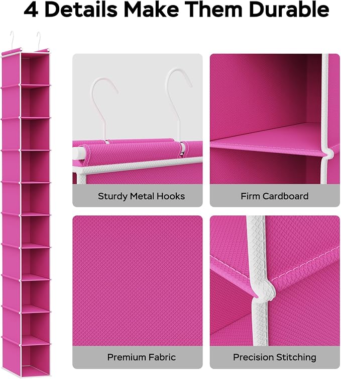 MAX Houser 2 Pack 10 Tier Slim Hanging Shoe Organizer, Narrow Closet Hanging Storage Shelf, Pink
