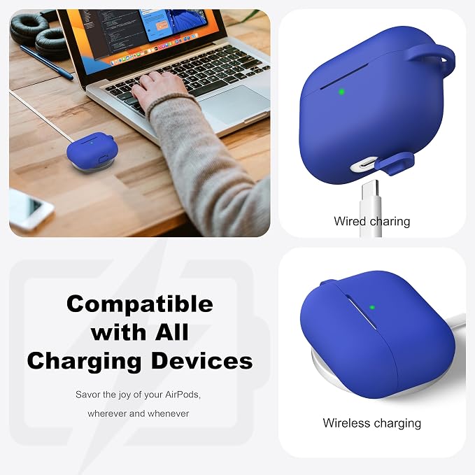R-fun for AirPods Pro 2 Case, Soft Silicone Protective Cover with Keychain and Cleaning Pen, Compatible with AirPods Pro 2nd/1st Generation, Supports Wireless Charging, Blue
