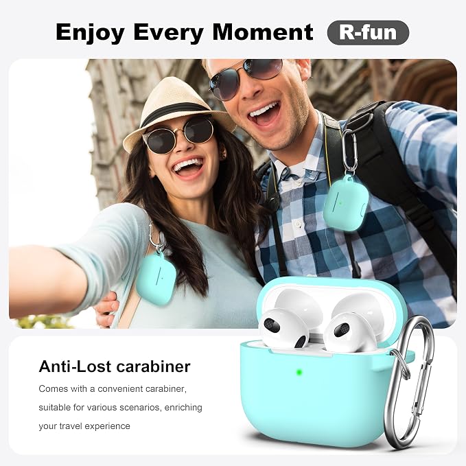 R-fun Compatible with AirPods 3 Case Cover, Silicone Protective Accessories Skin with Keychain Compatible with Apple AirPod 3rd Generation 2021 for Women Men Girls Boys,Front LED Visible,Glow Blue