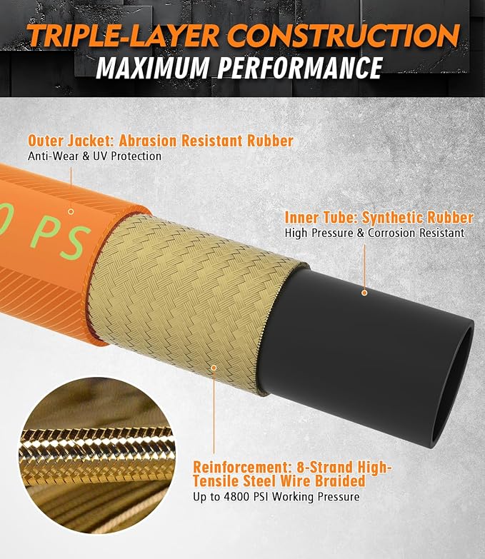 3/8" ID Pressure Washer Hose 50 ft, 4800 PSI Steel-Braided & Durable - Flexible & Kink-Resistant, Power Washer Hose with Swivel Quick Connect & M22-14mm Adapter, Hot/Cold Water Compatible