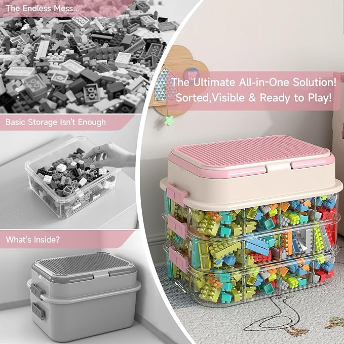 Toy Storage Organizer Box with Handle, Stackable Building Block Toy Box with Building Plate Lid & Removable Sorting Trays, Cubby Bins and Containers 2 Layer (Pink)