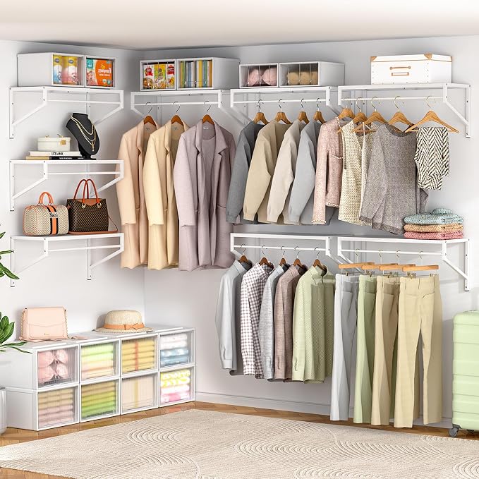 ThreeHio Expandable Closet Shelves Wall Mounted, 3 Pack Closet Shelving with Hanging Rods, Wall Shelving for Walk-in Closet, Hanging Shelves Organizer and Storage for Closet, Laundry