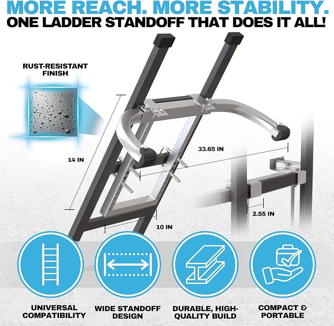Heavy Duty Ladder Stabilizer | Carbon Steel Extension Ladder Standoff with Anti-Slip Rubber Feet for Gutter Cleaning, Painting & Roofing - Professional Grade Ladder Accessory for Extension Ladder