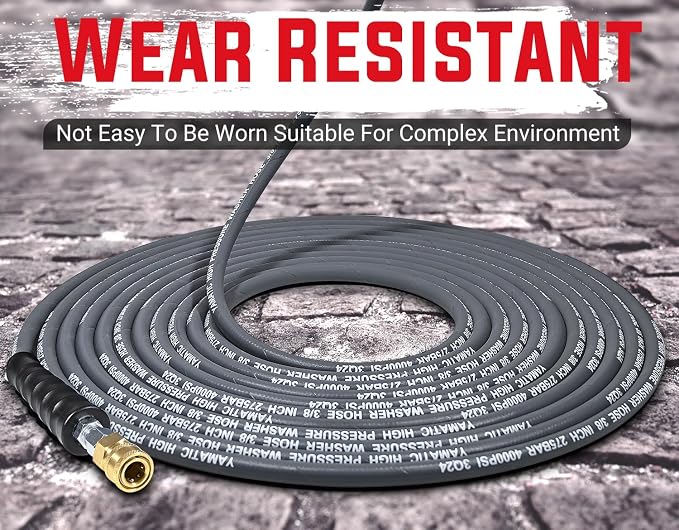 YAMATIC 3/8" ID Pressure Washer Hose 50 FT, 4000 PSI, Kink-Resistant 3/8Inch Swivel Quick Connect, Non-Marking Rubber Jacket, Steel Wire Braided, Hot Water 212°F Replacement Power Washer Hose