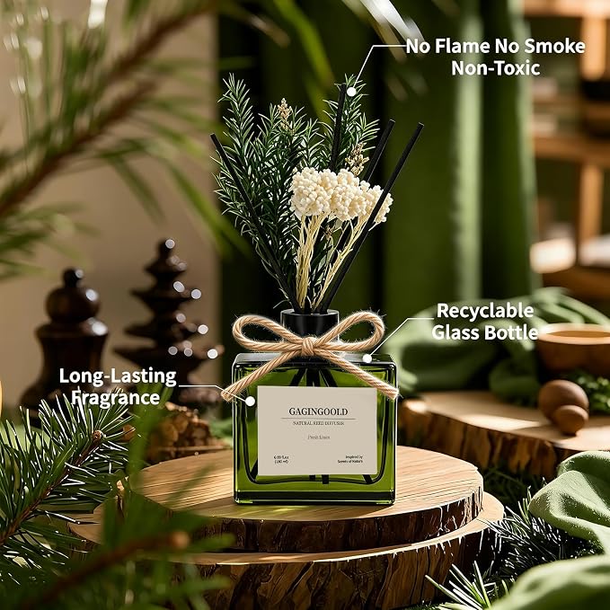 Reed Diffuser, 6.1 oz Fresh Linen Scent Diffuser with Sticks & Dried Flowers, 120 Days Long Lasting diffusers for Home, Elegant Fragrance for Bathroom Bedroom Office Decor Air Fresh