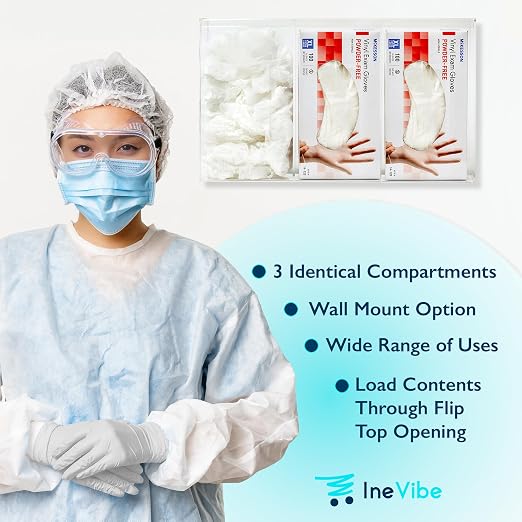 IneVibe 3 Compartment Hygiene Holder with Lid for Home or Office (Triple) | Triple Acrylic Dispenser For Hairnets, Glove Boxes, Face Masks, Plastic Bags, Tissue Boxes, Medical- Countertop or Wall Mount