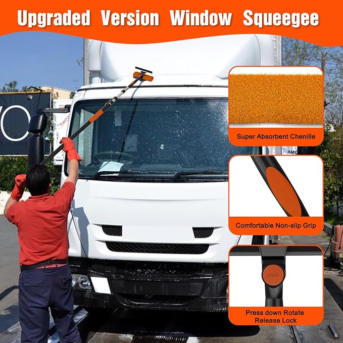 16FT Reach Window Squeegee Kit with Extension Pole, 2-in-1 Professional Washer for High Windows, 3-12FT Adjustable Reach, Rotatable Head for Indoor & Outdoor Use, Streak-Free Cleaning Tool for Home