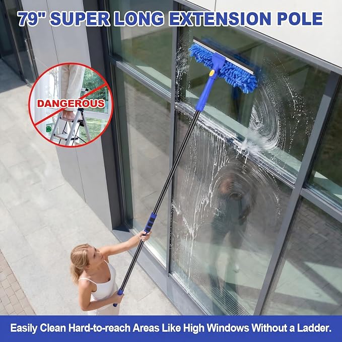 Wontolf 4-in-1 Window Squeegee, 79'' Window Cleaner Tool with Extension Pole, Window Cleaning Kit with Storage Bag, Rotatable Window Washing Kit Equipment for Home, Outdoor High Windows, Glass, Shower