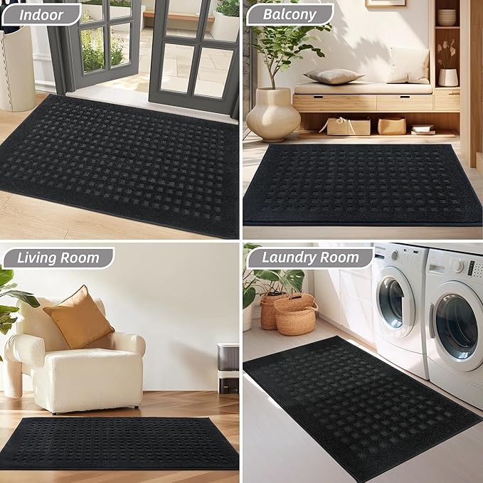 BEQHAUSE Waffle Door Mats Indoor 32"x48", Dog Mat for Muddy Paws Absorbent and Dirt Resist Floor Mats Non-Slip Washable Rugs for Entryway, Welcome Mat for Front Back Door, Muddy Wet Shoes, Black