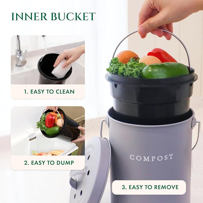 FINESSY Countertop Compost Bin with Lid Small, Indoor Kitchen Composter | 1.3 Gallon Stainless Steel Compost Bin Kitchen With Removable Inner Bucket & 2 Carbon Filters. Dishwasher Safe Composting Bin