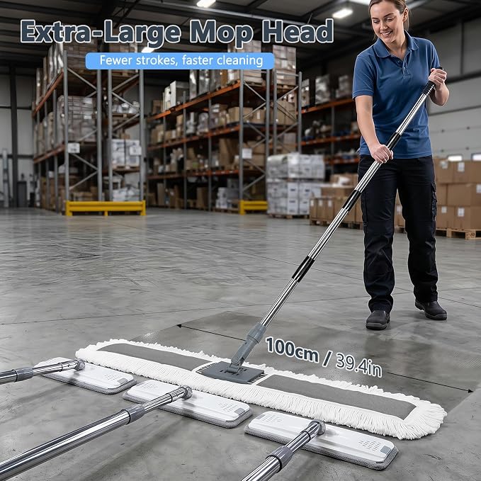 Masthome Commercial Dust Mop, 39" Microfiber Floor Mop with 64" Adjustable Handle, Total 2 Reusable Pads, 360° Swivel Wet Dry Mops for Hardwood Tile Marble Laminate Home Hotel Office Warehouse