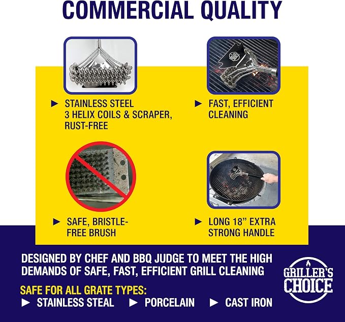 Grillers Choice Commercial Grill Brush - 2 Headed Double Helix Coils, Bristle Free, 18" Long Handle, 3 in 1 Professional Barbecue Cleaner, Stainless Steel, All Grill Types.