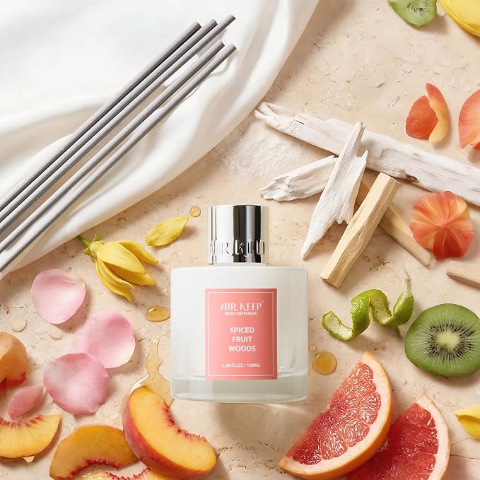 Reed Diffuser Set,3.38 fl oz (100 ml) - Spiced Fruit Woods Oil Diffusers with 8 Reed Sticks, Home Fragrance Reed Diffuser for Bathroom Shelf Decor