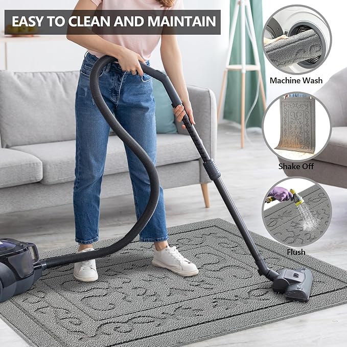 FONEYI Indoor Door Mat 20" x 32", Dirt Trapper Door Mats Non-Slip Entryway Rugs Washable, Absorbent Resist Dirt Welcome Mat, Low Profile Inside Floor Mats for Front Back Door and Entryway, Light Grey
