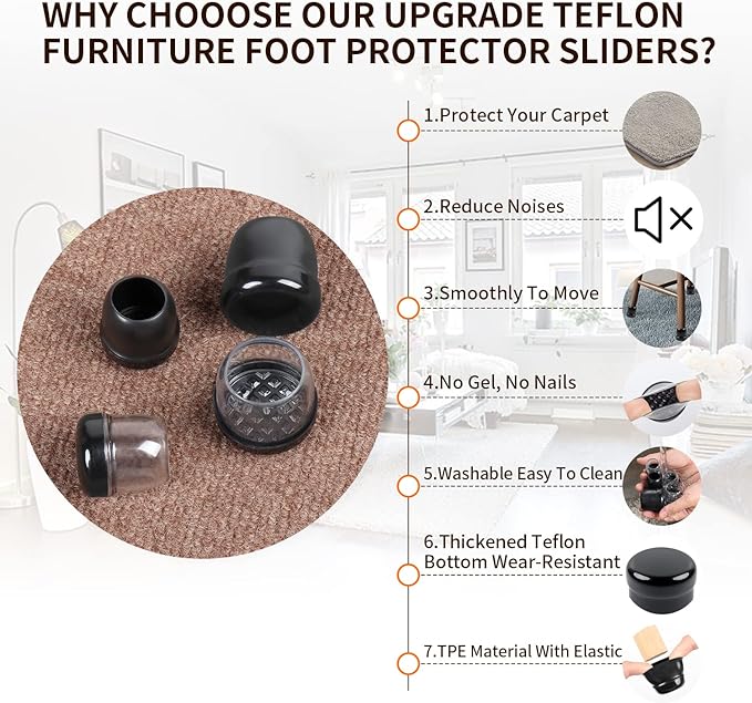 Ezprotekt 24 Pcs Clear Chair Leg Sliders for Carpet, Round Teflon Furniture Glides for Rug, Carpet Sliders Protectors Caps to Slide Smooth for Dining Table Chair, Bar Stool Legs (M Fit: 7/8" to 1")